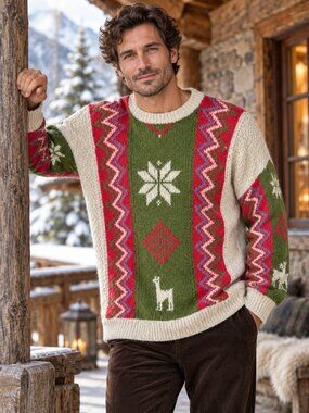 Vintage Handicraft Alpaca Wool Sweater XL Peru Llama Geometric Green Red Cream